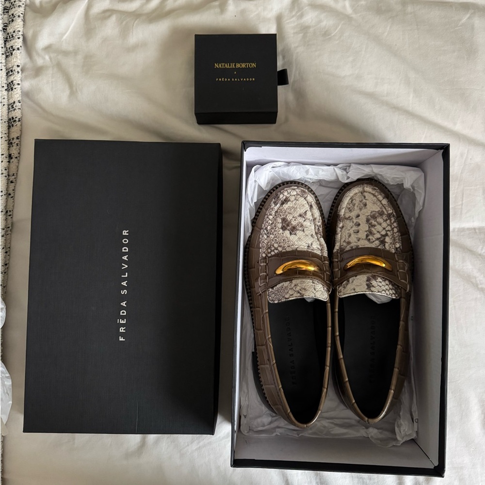 Freda Salvador Metallic Taupe Snakeskin-Embossed Loafers with Gold Accent - Picture 2 of 6